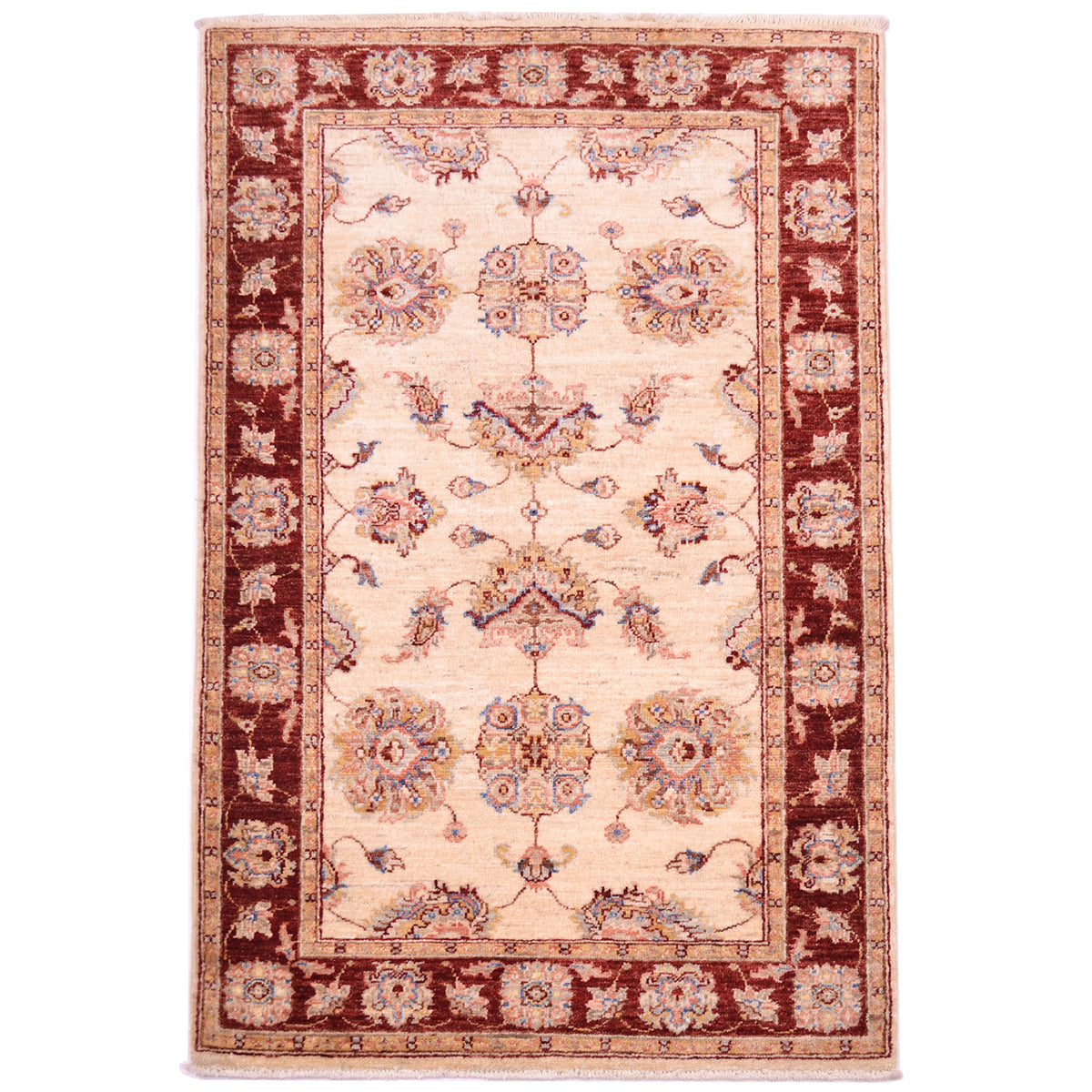 Traditional Afghan Ziegler Rug with beige cream field and rust border. Classic floral design.