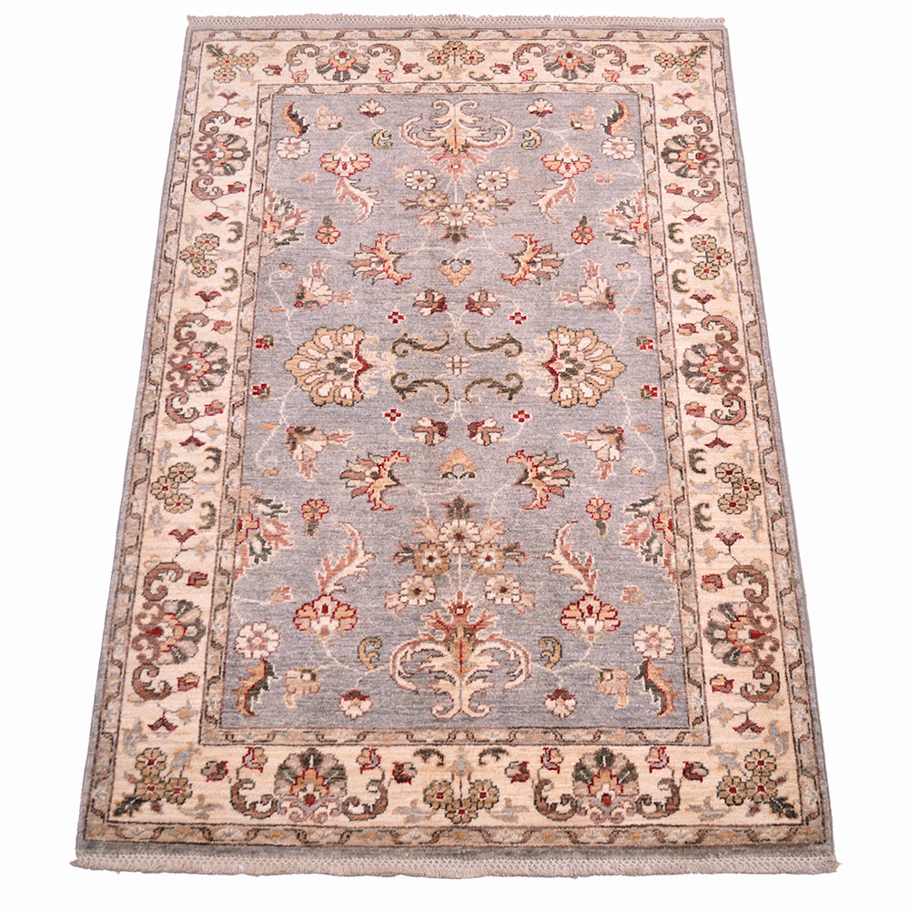 Handknotted Afghan Ziegler Rug with soft grey field and floral sprays.