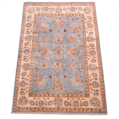 Handmade Afghan Ziegler rug, light blue with orange floral center and detailed border