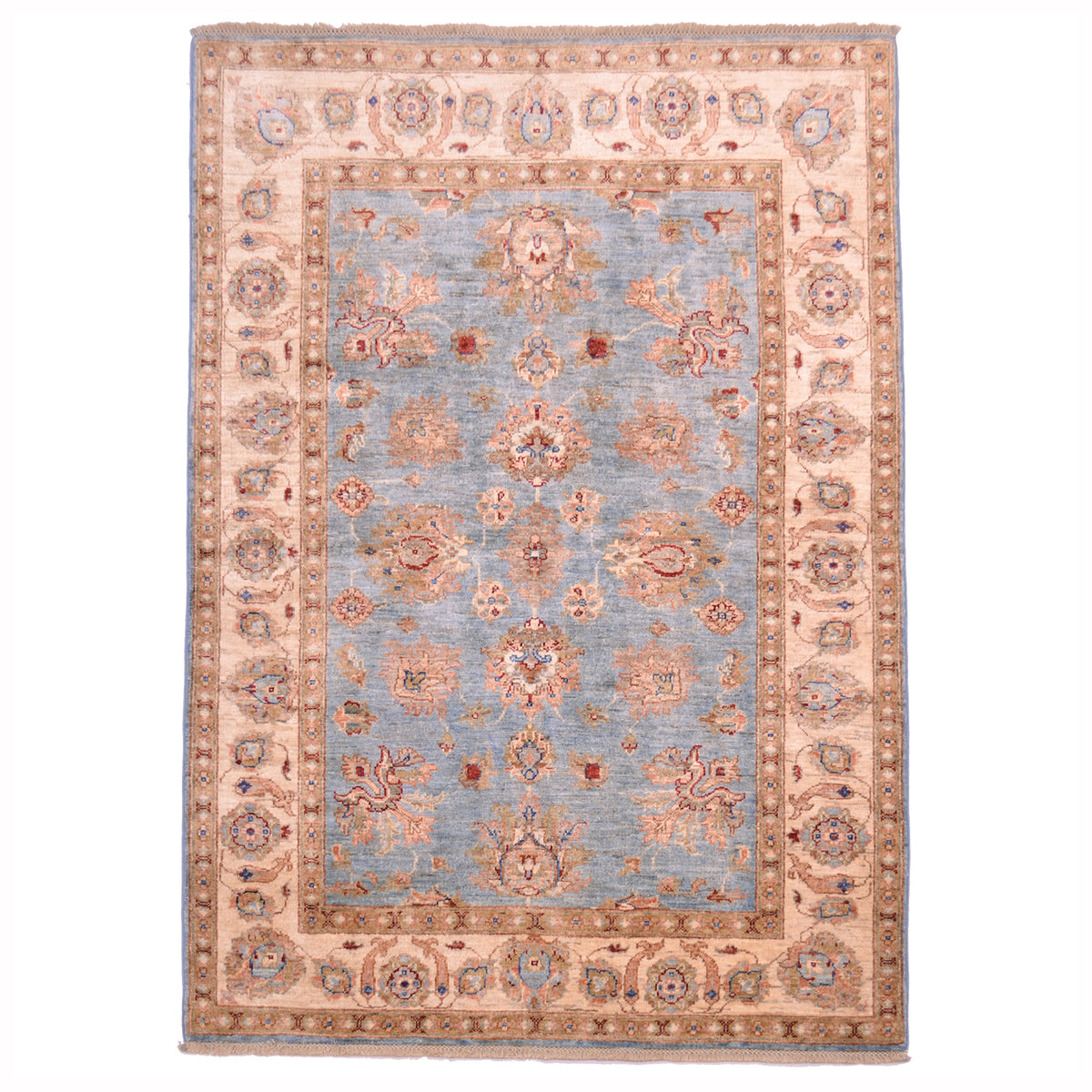 Light Blue Ziegler Rug with all over floral design and beige border with floral patterning.