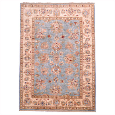 Handmade Afghan Ziegler rug with light blue field, ornate orange medallion border