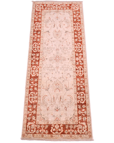 Handknotted floral ziegler runner with warm rust amber border and cream main field.