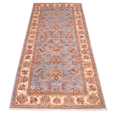 Blue grey field of floral ziegler design runner with floral palmettes