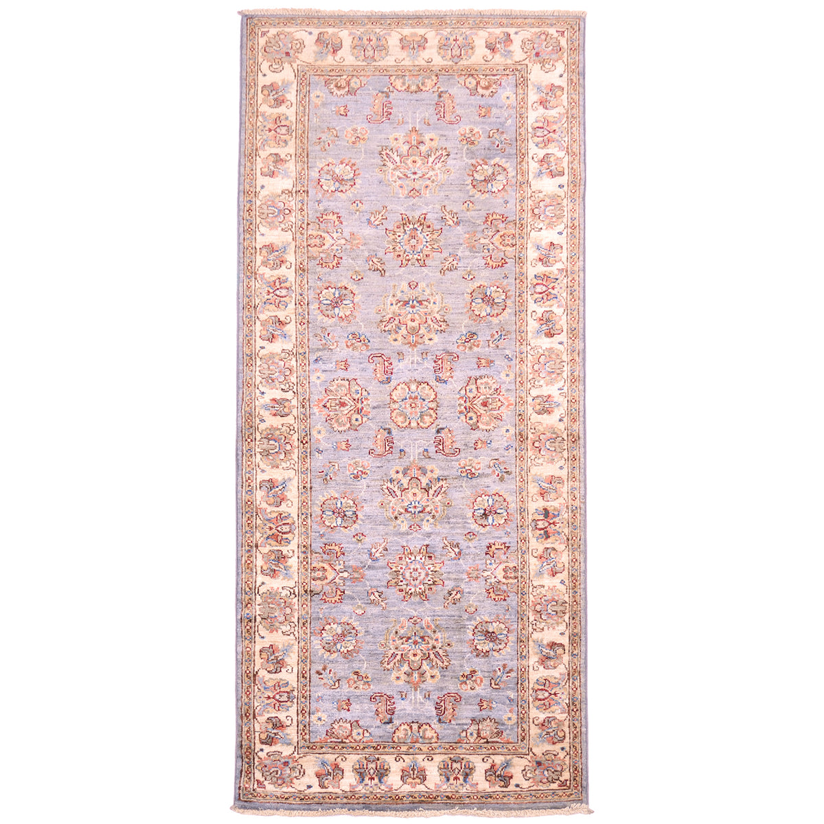 Afghan Ziegler Runner with grey-blue field framed with beige border. All over floral pattern.