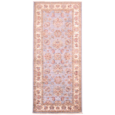 Afghan Ziegler Runner with grey-blue field framed with beige border. All over floral pattern.