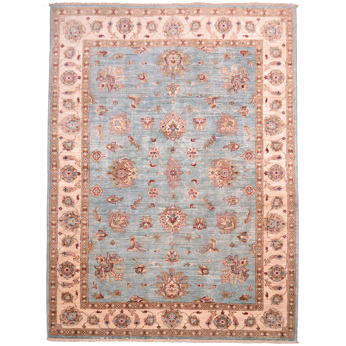 Afghan Ziegler Rug with floral design on a aqua-blue ground with beige border.