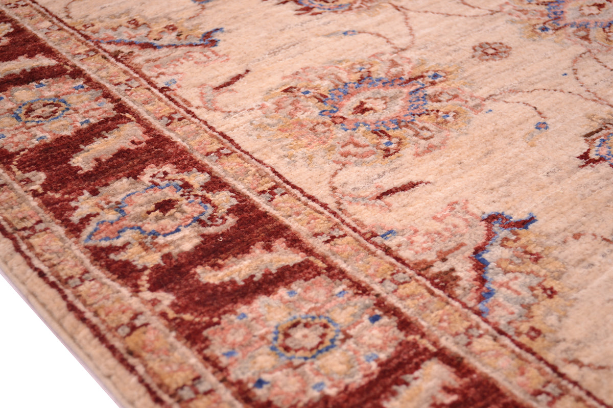 Close up of Border of Handknotted  Runner Rug with florette and palmette border.