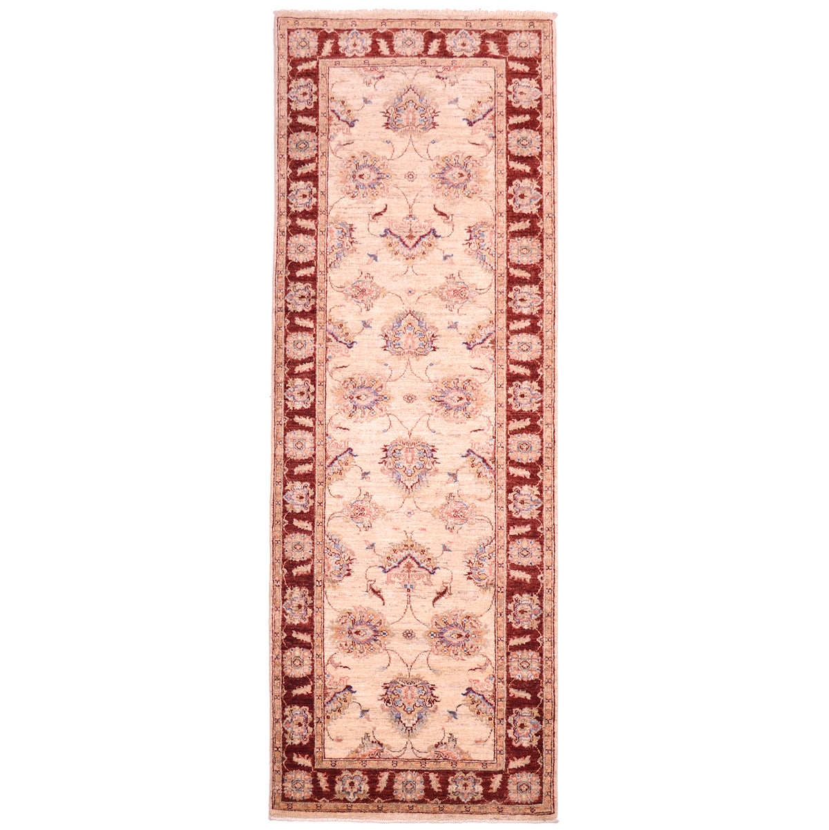 Afghan Ziegler Runner: all over floral design on a beige field with rust-red/maroon main border.