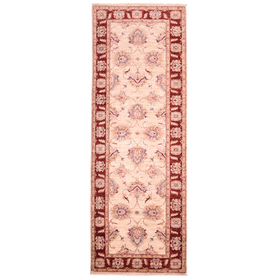 Afghan Ziegler Runner: all over floral design on a beige field with rust-red/maroon main border.