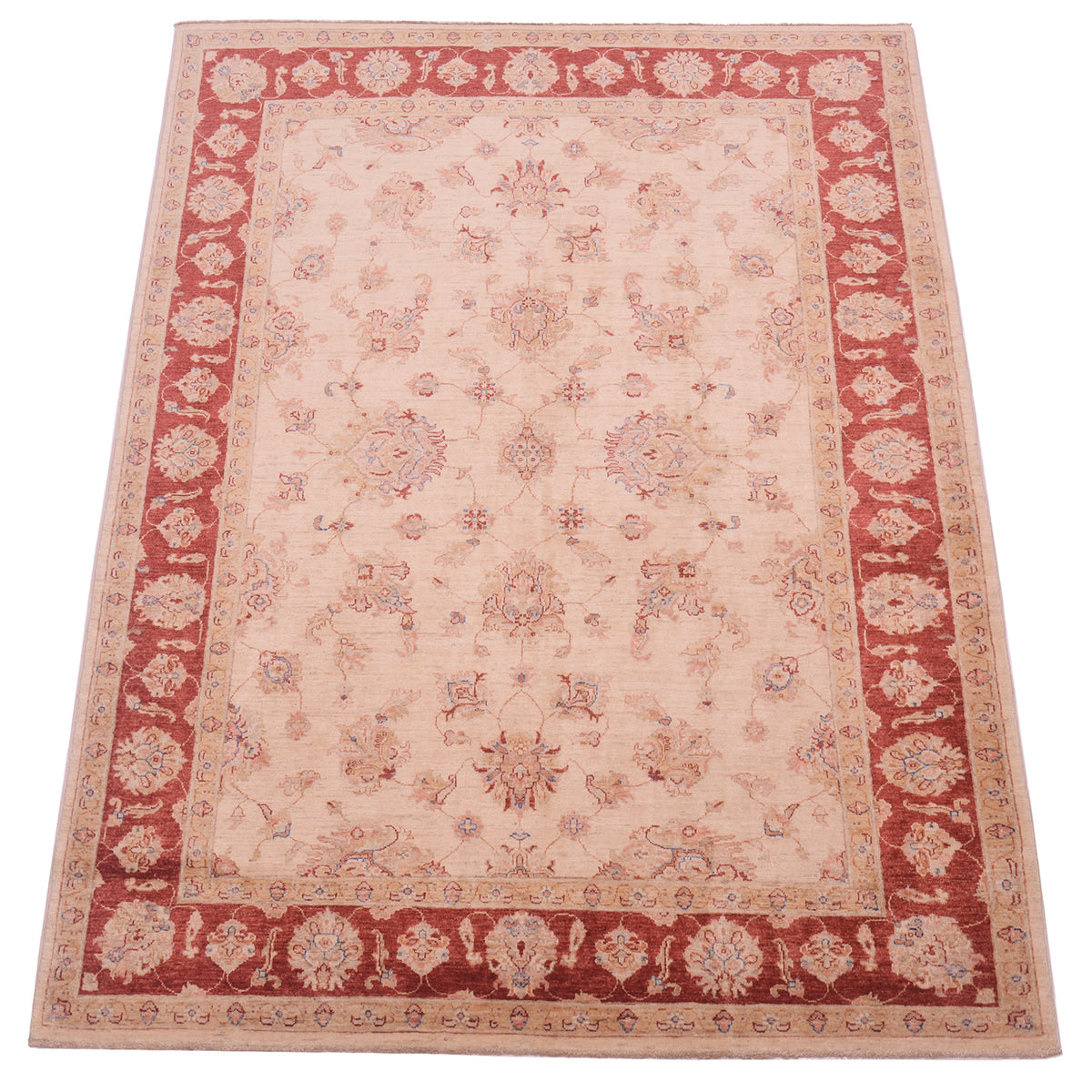Handmade  Carpet with all over floral design with cream beige main field palmette and floral. Red border background.