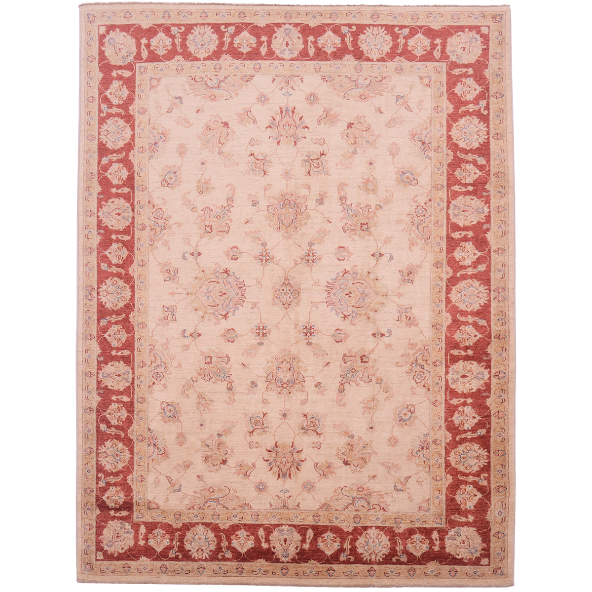 Traditional hand-knotted wool pile Afghan Ziegler Carpet with beige field & rust-red border. All-over floral pattern.