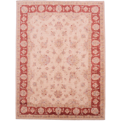 Traditional hand-knotted wool pile Afghan Ziegler Carpet with beige field & rust-red border. All-over floral pattern.