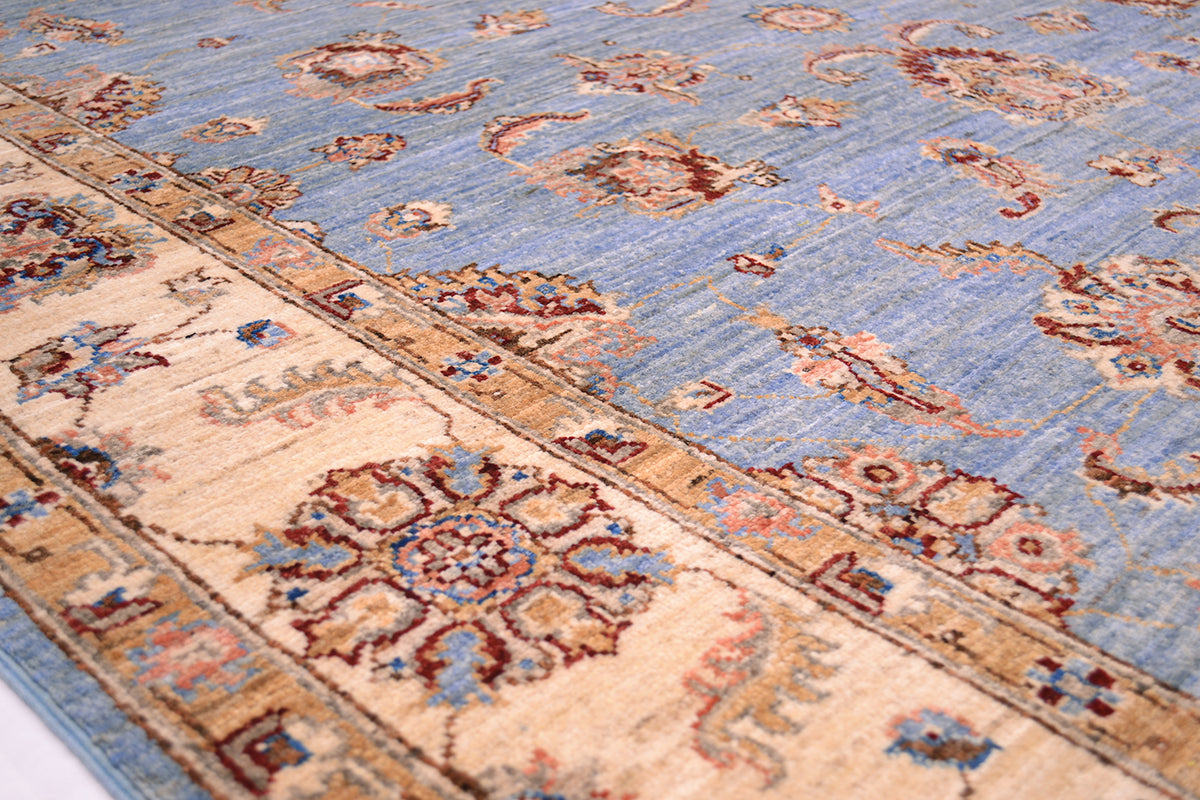Detail and close up of border design of Afghan Ziegler handknotted carpet in blue and cream.