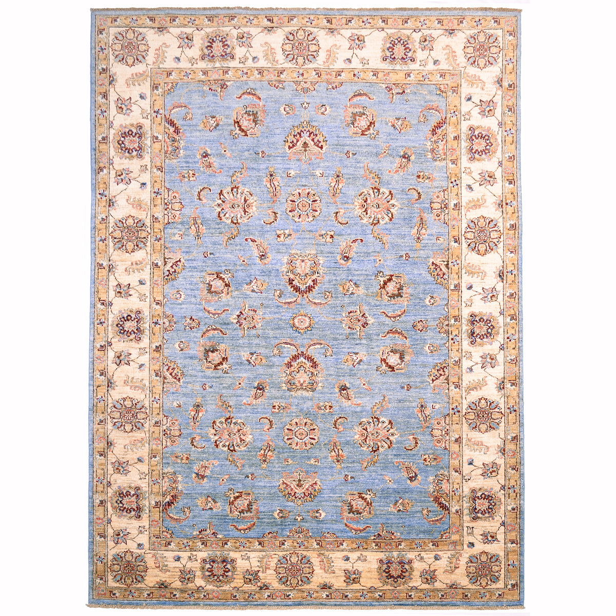 Blue Ziegler Carpet with light blue main colour, cream/gold border and all over floral design.