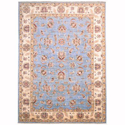 Blue Ziegler Carpet with light blue main colour, cream/gold border and all over floral design.