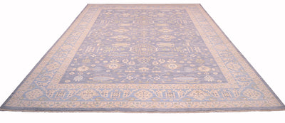 Pastel blue patterned area rug with thin border and scattered motif field