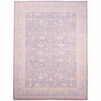 Pastel blue patterned area rug with ornate border and central medallion