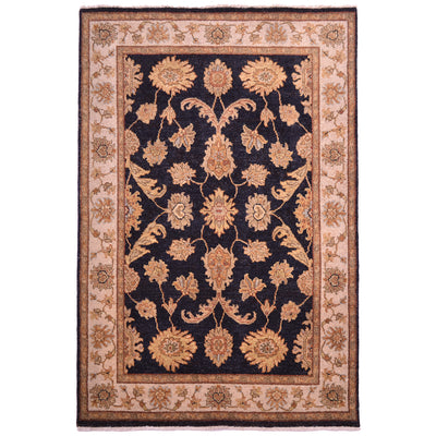 Floral area rug with dark navy field and tan-rust scrolling motifs