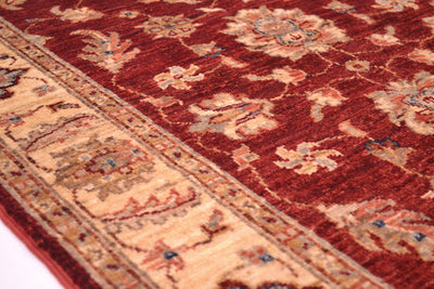Detail of border of rug with pink terracotta and blue detailing. Handknotted with natural vegetable dyed pure wool yarn.