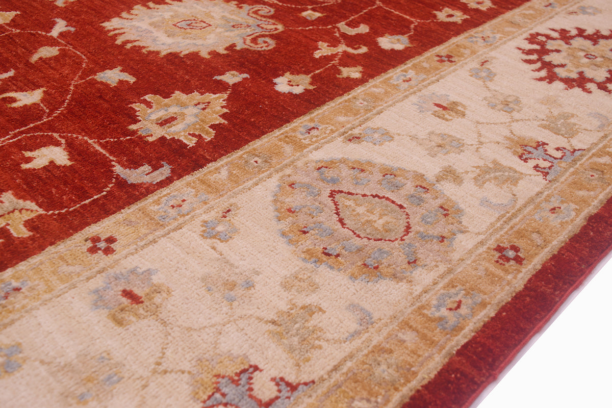Cream and gold border with light blue grey detailign of handknotted ziegler carpet. 