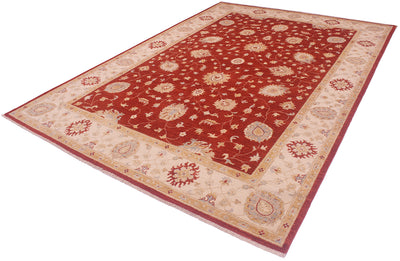 Angled view of Handknotted carpet on a white background. Cream and gold border. 