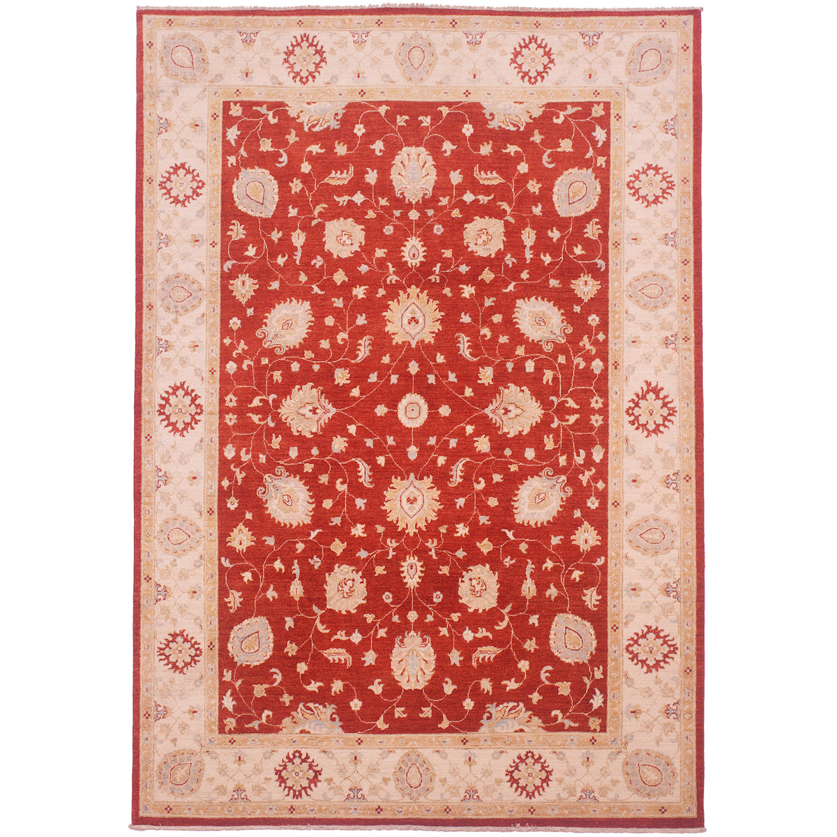 Rich rust-red with cream Afghan Ziegler Carpet with all over floral design in red russet tone and cream border.