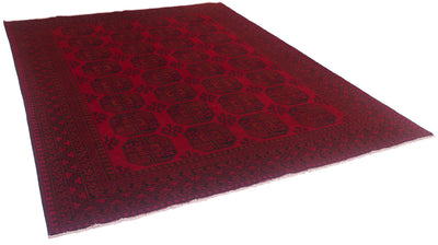 Large red and black Afghan carpet with geometric repeating field pattern and complimentary border on a white background