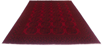 An 11x8  rectangular large red and black Afghan carpet with a deep red field, black field pattern, and a matching dark border, shown flat against a white background.