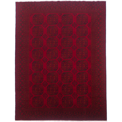 Large red and black Afghan carpet with 32 fil pai / elephant foot motifs.