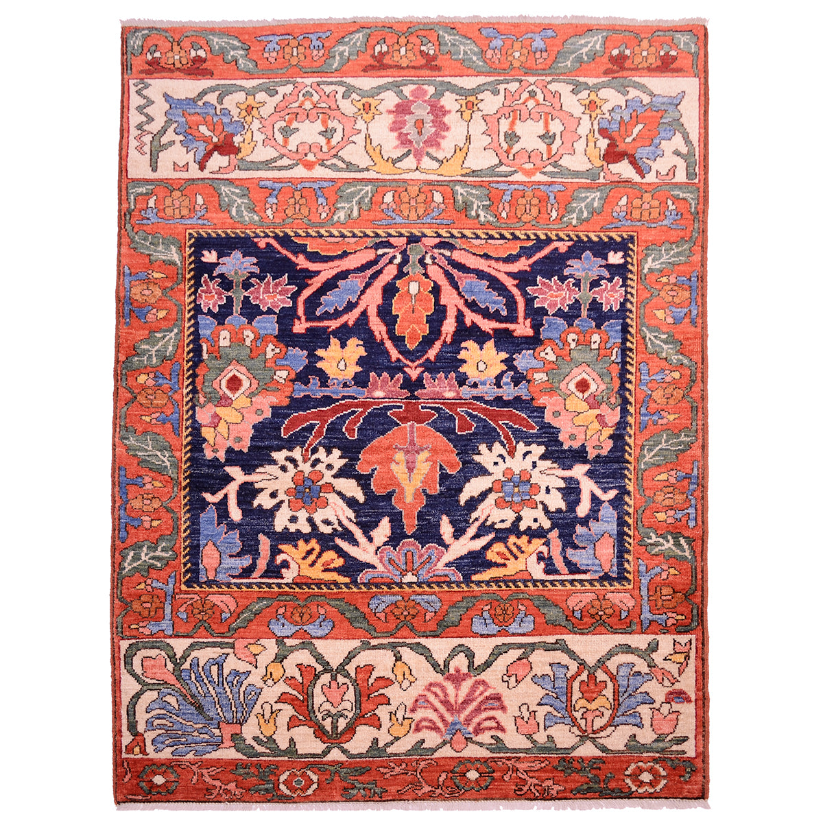 Antique style Garous rug with colours of navy blues and sky blues, beige, deep terracotta and soft beige