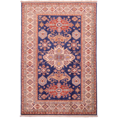 Afghan Navy blue handmade fine Kazak rug with geometric medallion design.