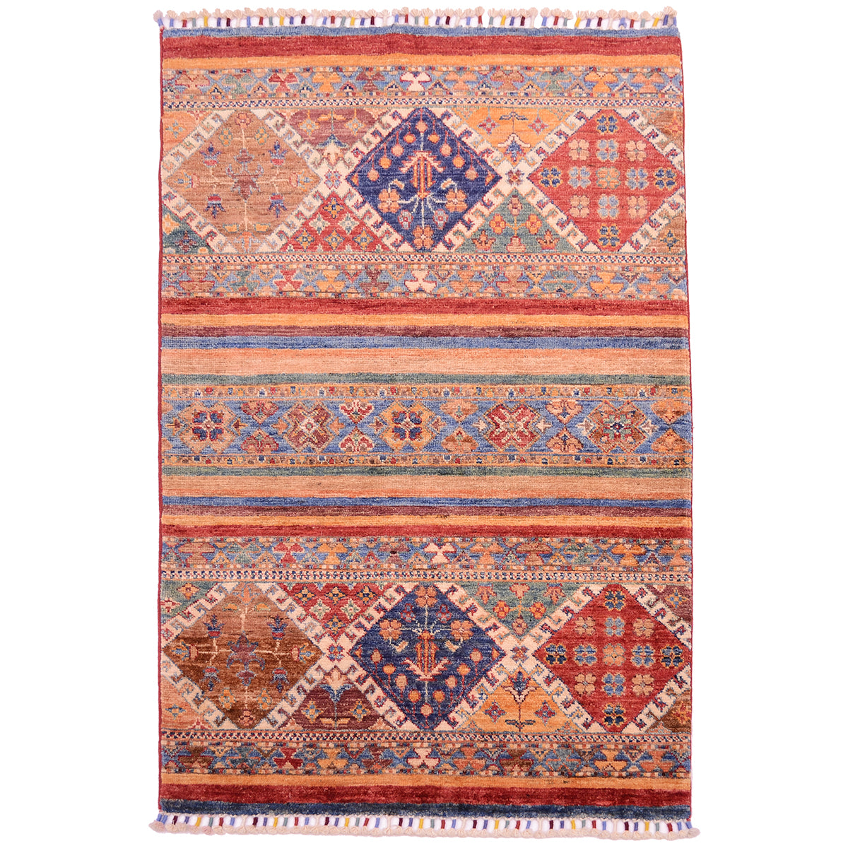 Small Afghan Khorjin rug with colourful geometric design.