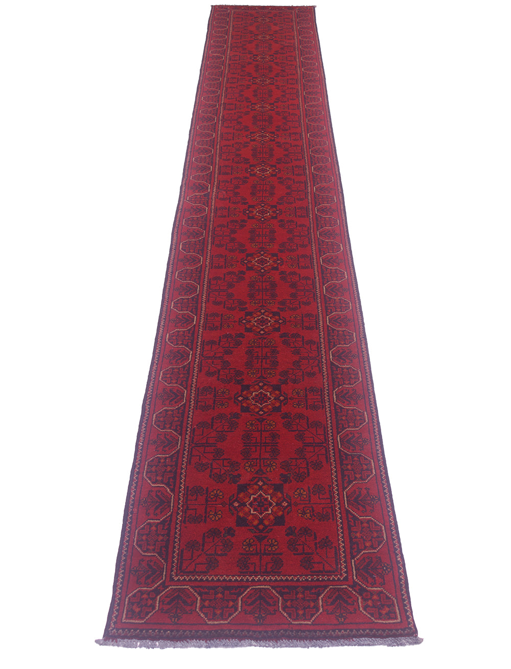 A long red afghan runner rug with a dark navy blue border and repeating central medallion pattern, shown flat against a white background.