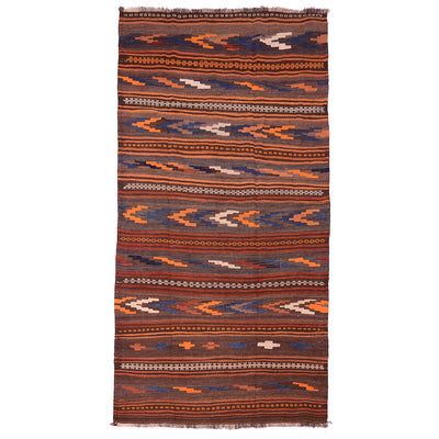 Qala-i-Nau kilim rug with orange, blue, and beige geometric border stripes