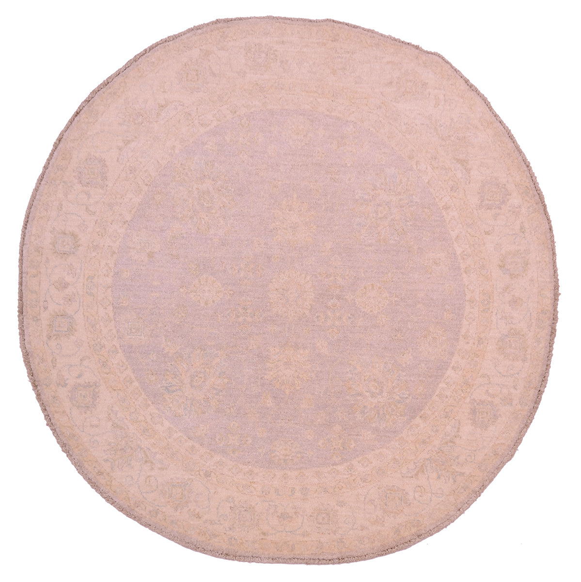 Afghan Ziegler Circle Rug with soft grey field, subtle floral design and beige border.